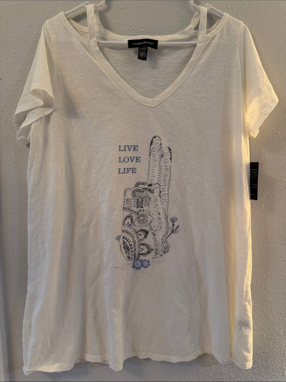 Wendy Bellissimo White V-Neck Tee with Blue Graphic